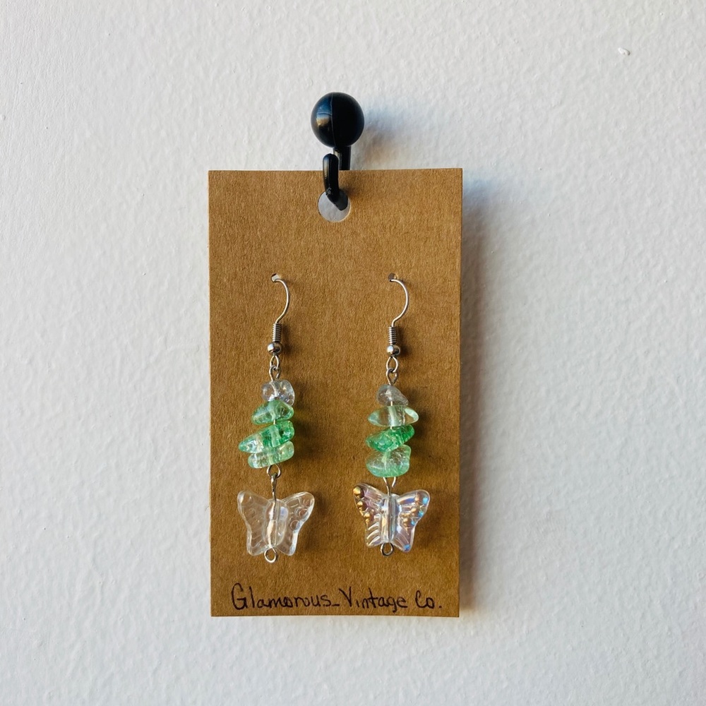 Green Translucent Butterfly Hang Down Earrings